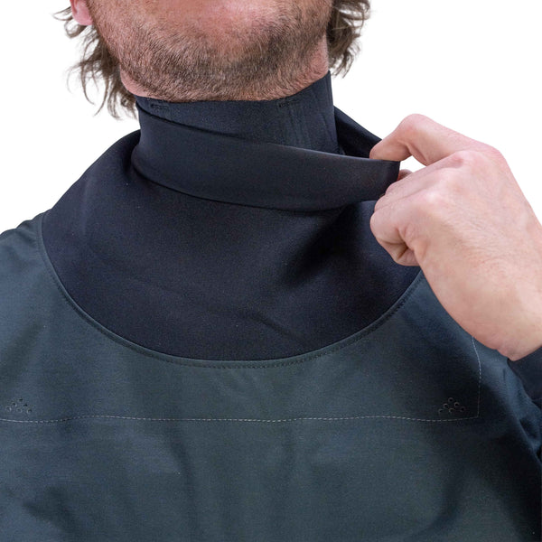 Person in dry suit showing neoprene neck gasket under the neoprene neck cuff