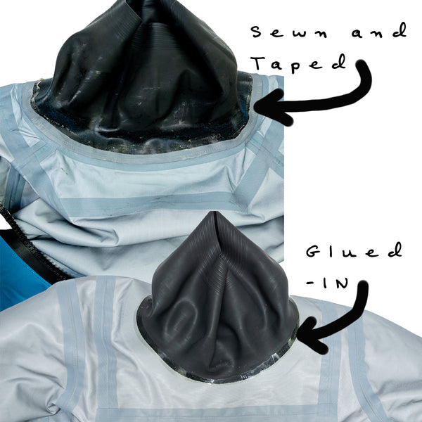 Two Dry Suits with Close Views of Two Types of Neck Gasket Receivers