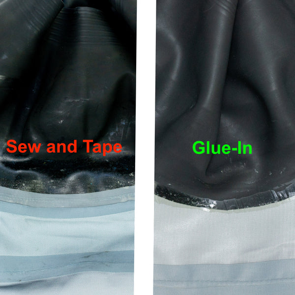 Two Dry Suits with Close Views of Two Types of Neck Gasket Receivers